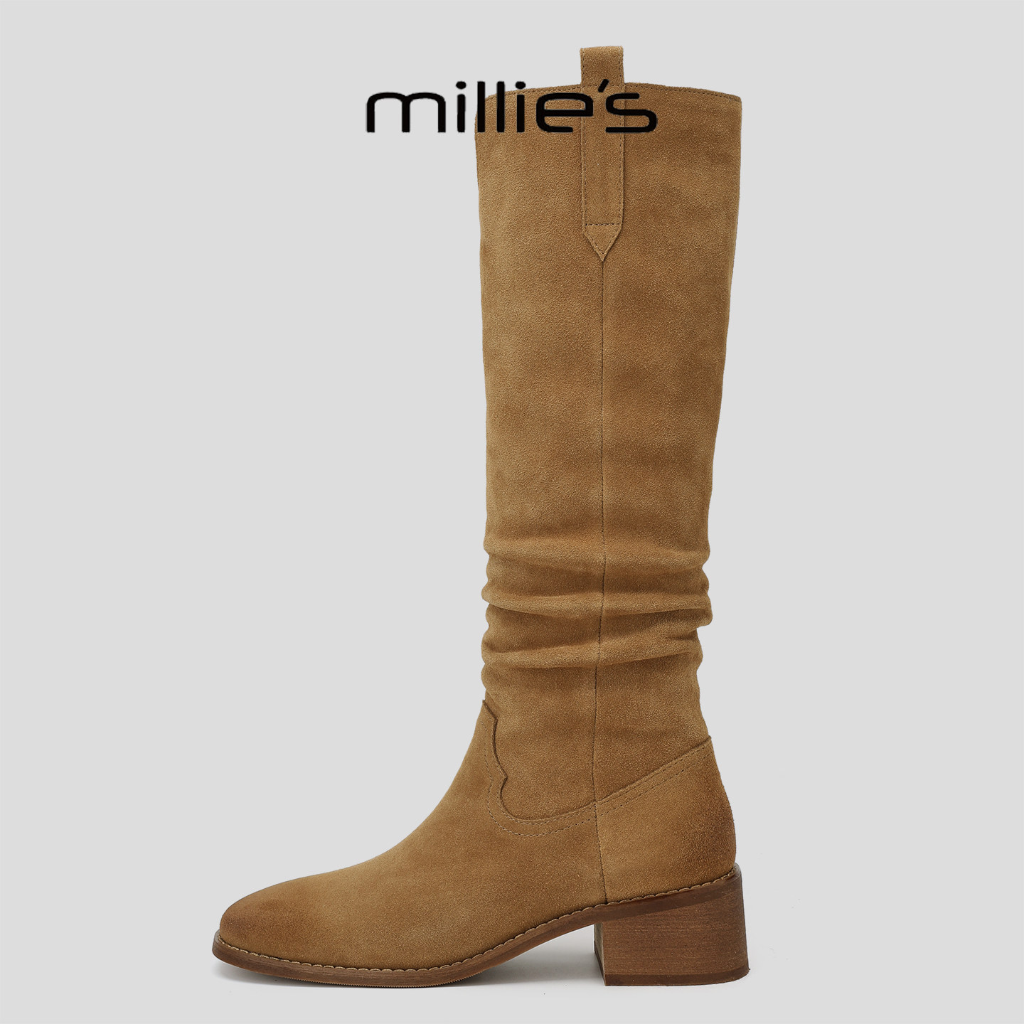 MILLIE'S/妙丽美拉德长筒靴女2026新款加绒保暖增高显瘦堆堆靴