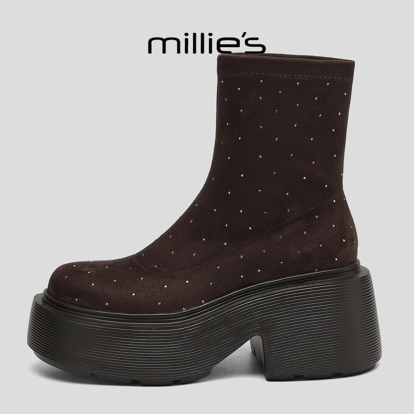 MILLIE'S/妙丽2025新款加绒保暖短靴厚底增高弹力靴时尚马丁靴,女鞋,切尔西靴,淘宝优惠券,粉丝福利购,淘宝优惠卷