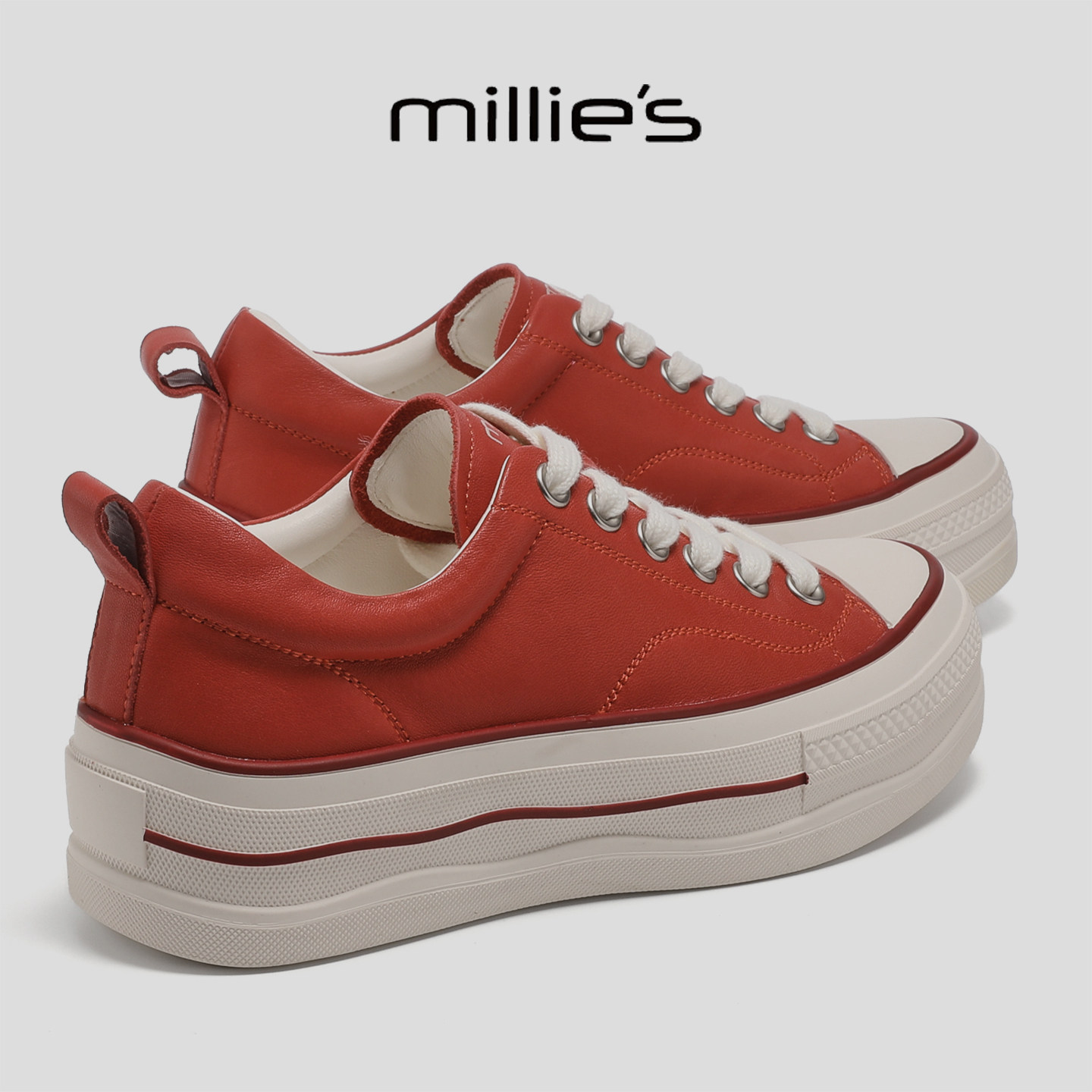 MILLIE'S/妙丽红色厚底帆布鞋女春季新款增高休闲板鞋舒适巨好看