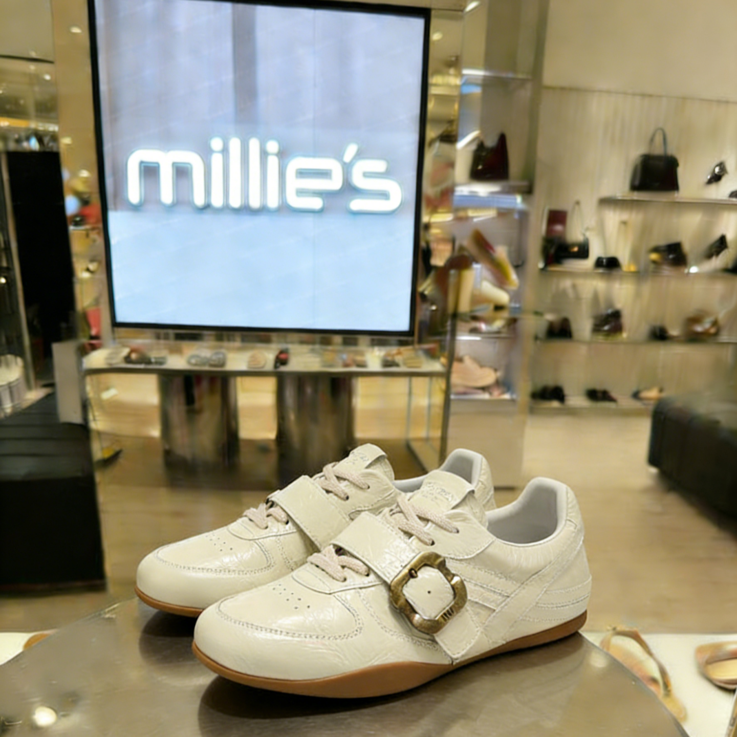 MILLIE'S/妙丽真皮德训鞋白色皮带扣厚底休闲运动小白鞋专柜款