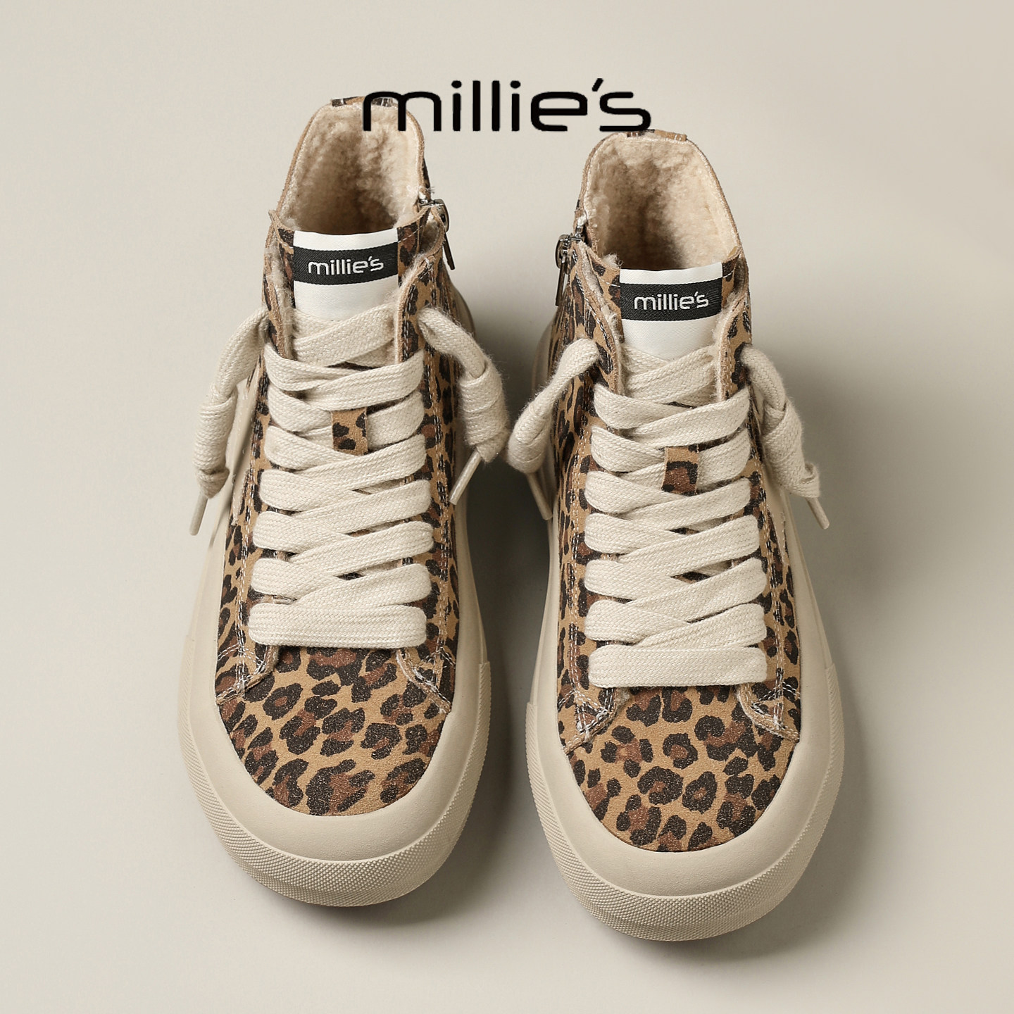 MILLIE'S/妙丽2025新款加绒保暖豹纹高帮板鞋女系带平底时尚短靴