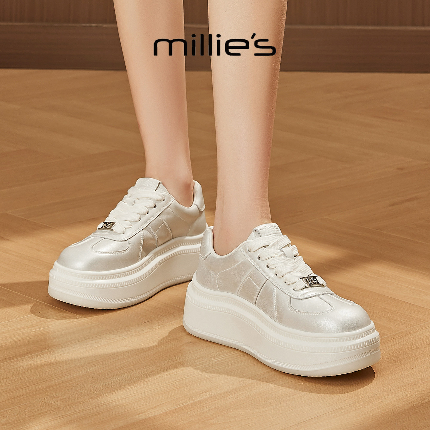 MILLIE'S/妙丽2026新款时尚百搭女士厚底增高小白鞋系带休闲鞋