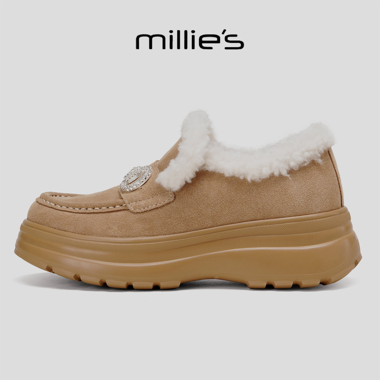 MILLIE'S妙丽女鞋加绒保暖冬季毛毛鞋一脚蹬水钻装饰黑色勃肯鞋