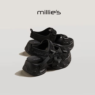 MILLIE'S/妙丽露趾厚底凉鞋 闪闪亮亮魔术贴女鞋夏季新款百搭鞋