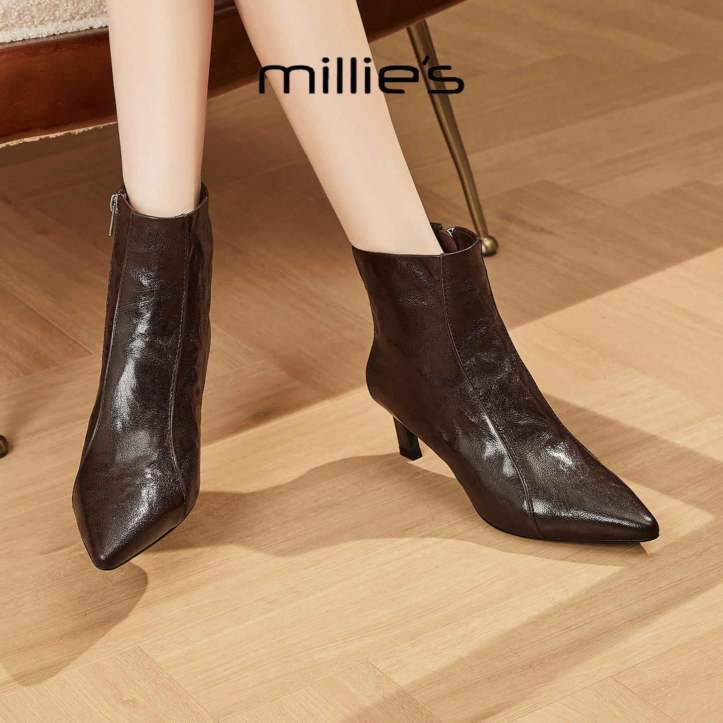 MILLIE'S/妙丽2026新款时尚百搭女尖头细跟短靴气质通勤及裸靴