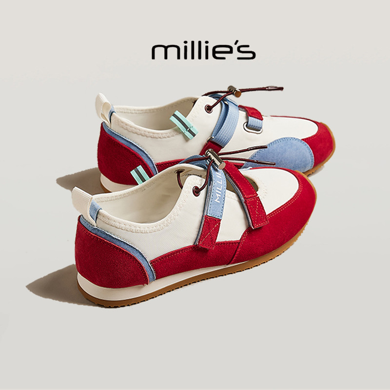 MILLIE'S/妙丽浅口魔术贴一脚蹬 系带红色拼接女鞋春季阿甘休闲鞋