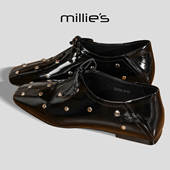 系带单鞋 MILLIE 女Q 法式 方头内增高铆钉休闲小皮鞋 妙丽2025新款