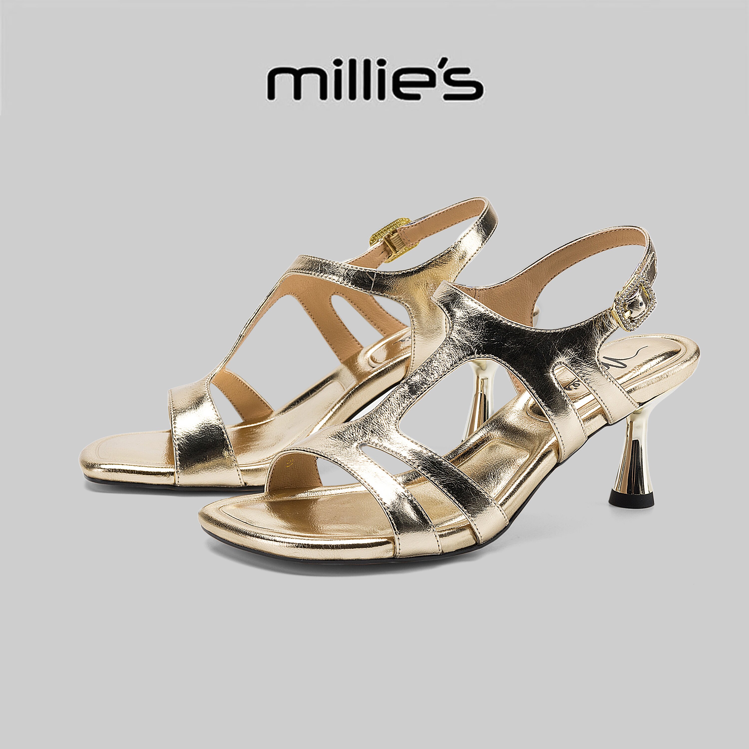 MILLIE'S/妙丽绝美新款金色小猫跟凉鞋女夏一字带百搭时髦猫跟鞋