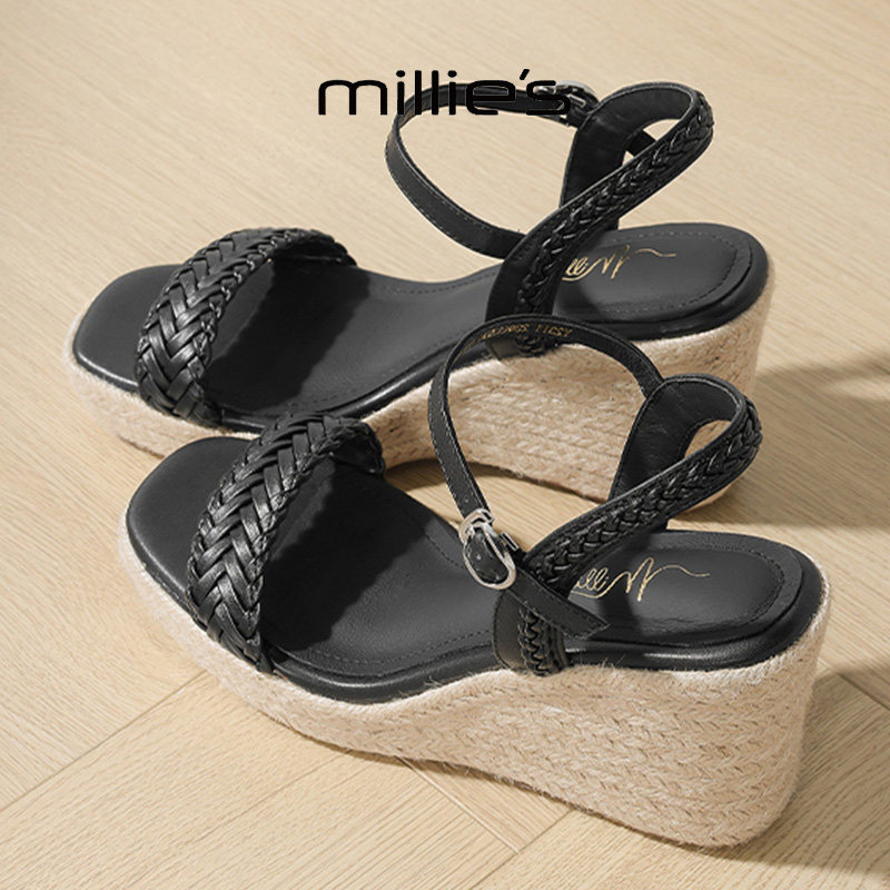 MILLIE'S/妙丽编织一字带坡跟露趾时尚百搭舒适不累脚休闲凉鞋女