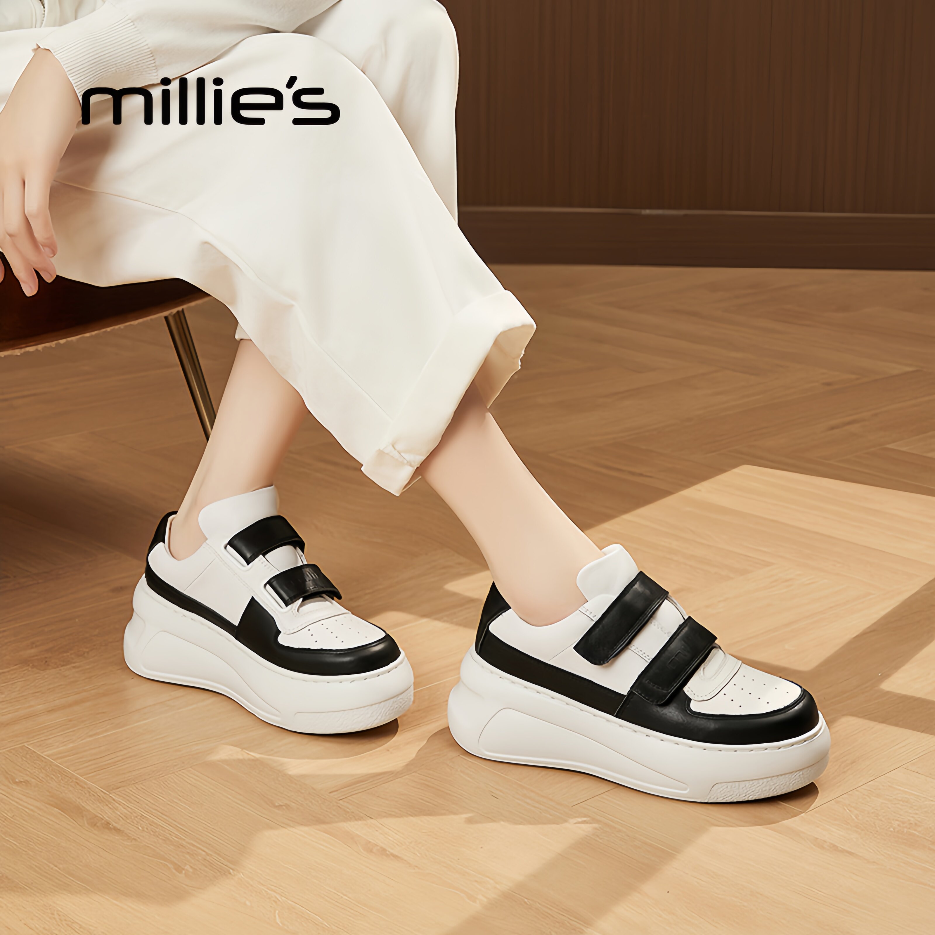 MILLIE'S/妙丽潮流魔术贴小白鞋女厚底休闲鞋轻便软底不累脚板鞋