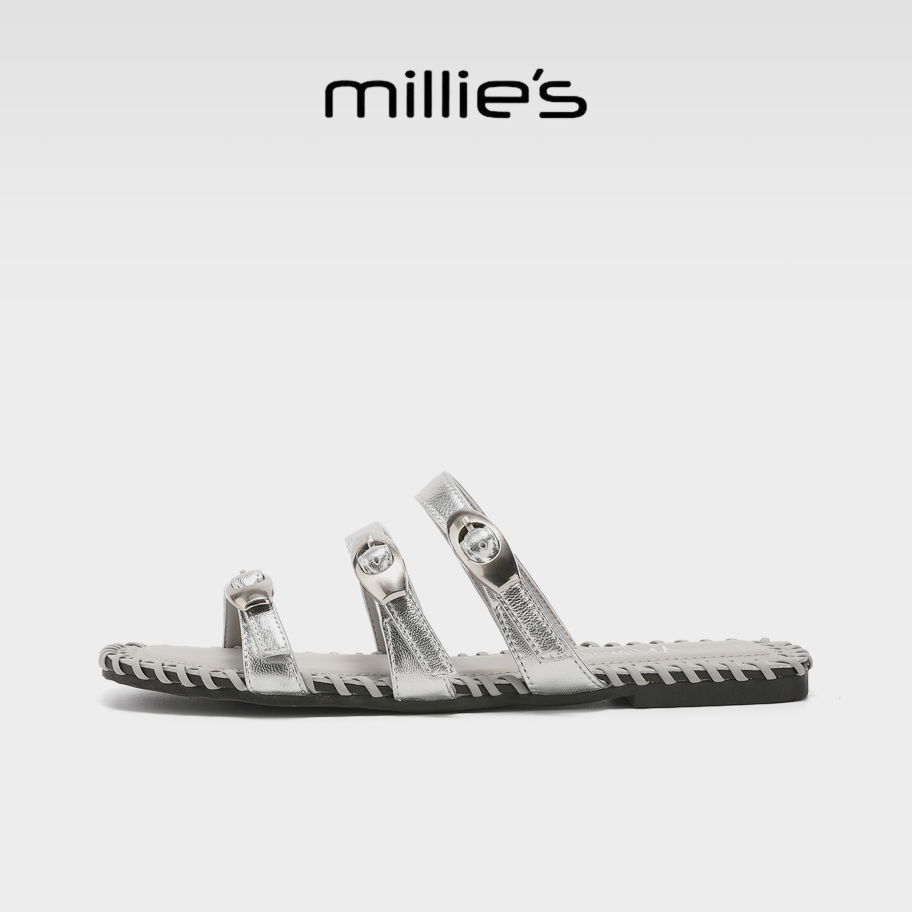 MILLIE'S/妙丽复古平底罗马凉鞋银T字带平底凉拖鞋夏度假风百搭G