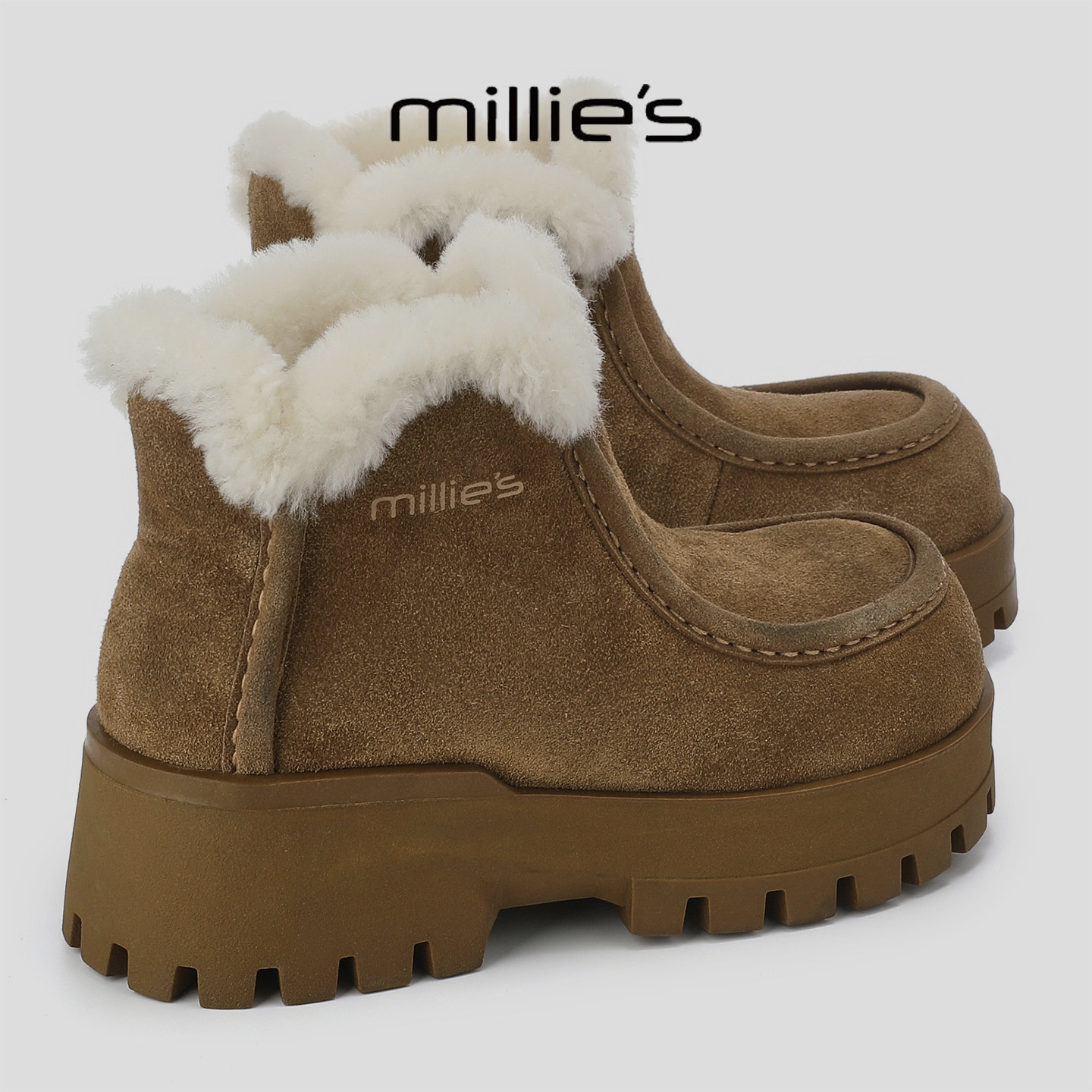 MILLIE'S/妙丽勃肯翻毛皮短靴女加绒厚底弹力靴卡其色毛绒口短靴,女鞋,弹力靴/袜靴,淘宝优惠券,粉丝福利购,淘宝优惠卷