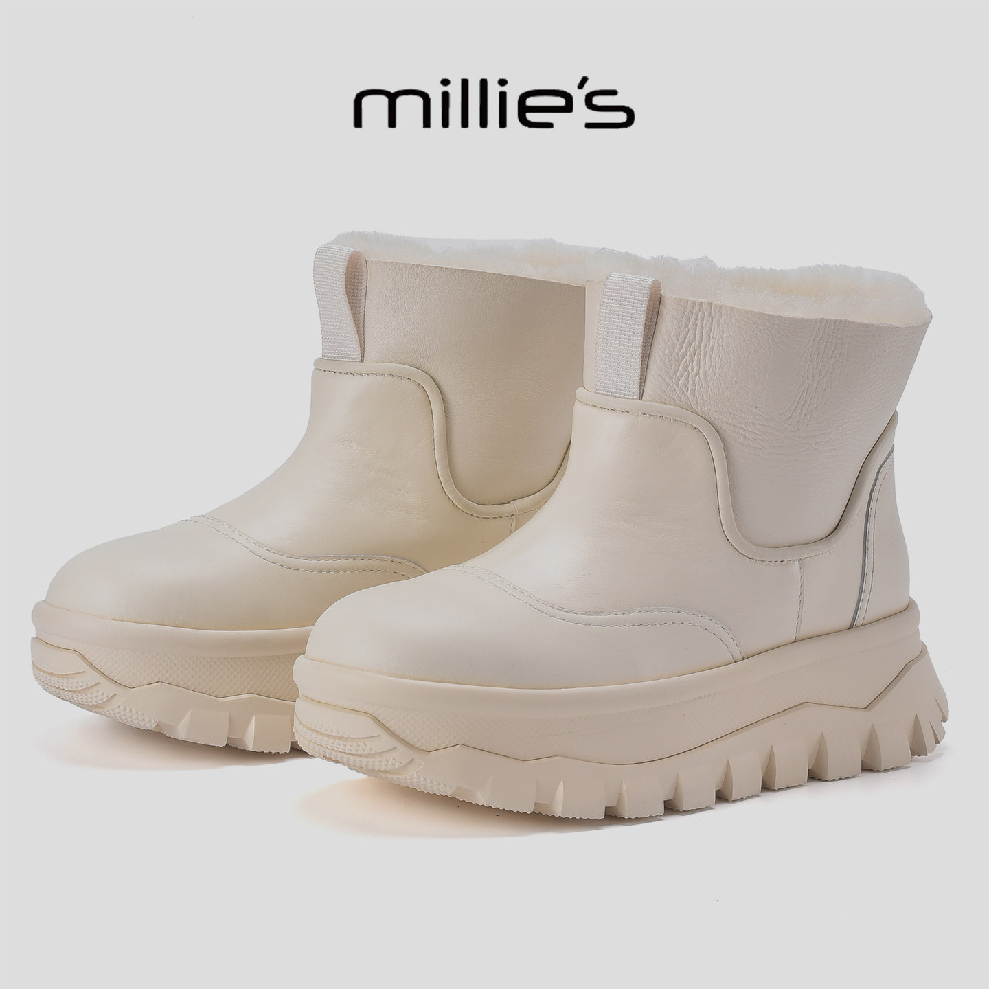 MILLIE'S/妙丽新款加绒保暖白色雪地靴羊毛内里舒适厚底显瘦短靴
