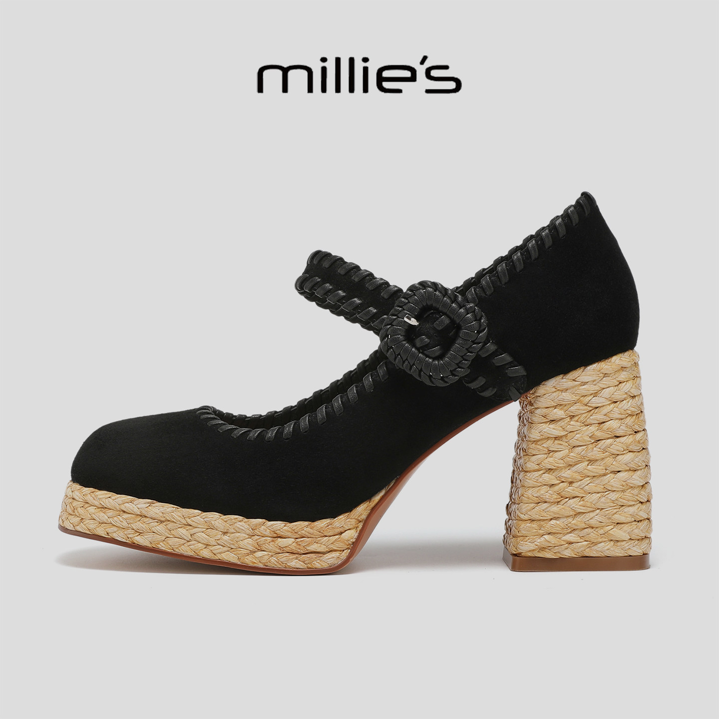 MILLIE'S/妙丽春季2026爆款编织玛丽珍鞋女黑色一字带粗跟高跟鞋