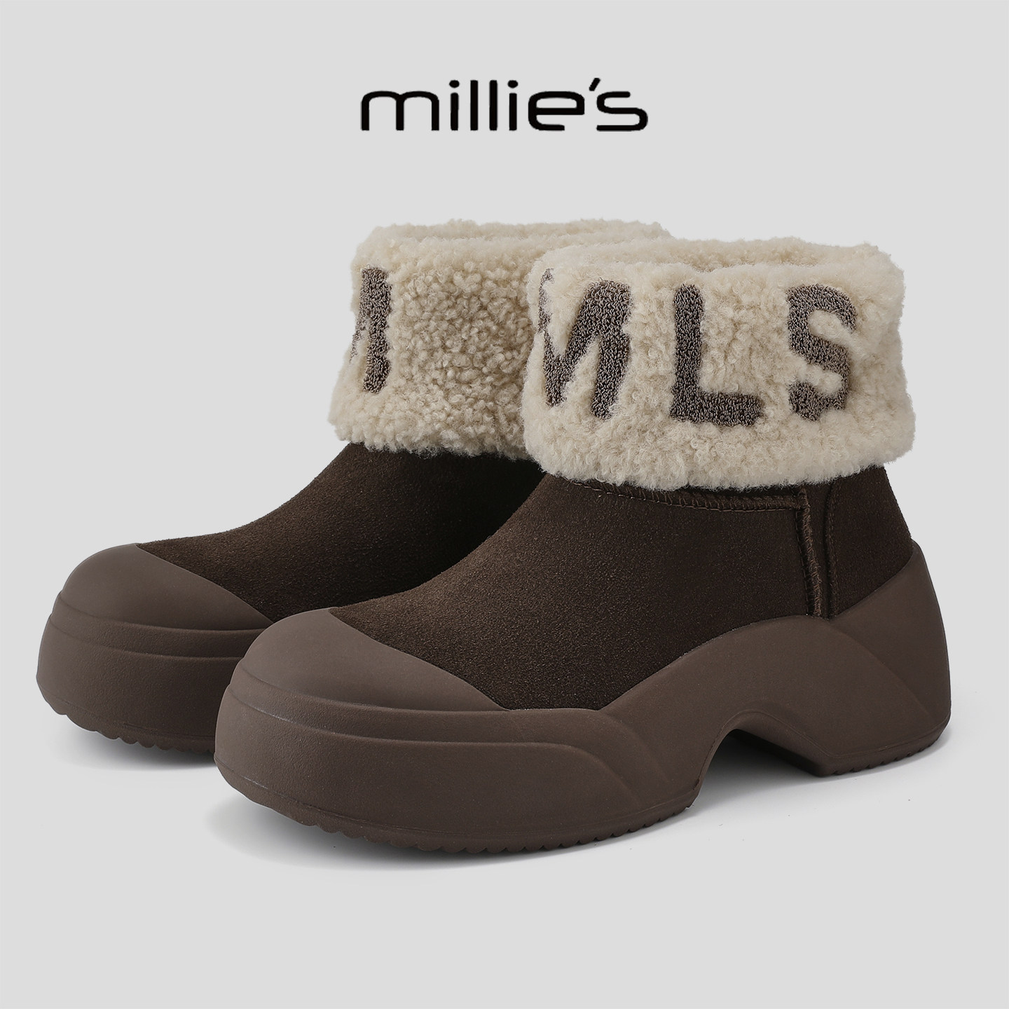 MILLIE'S/妙丽2026新款羊羔毛厚底套脚雪地靴加绒保暖不累脚短靴