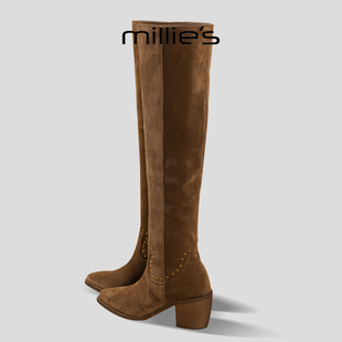 欧美风尖头磨砂皮面简约高筒靴舒适瘦瘦靴Q 妙丽2025新款 MILLIE