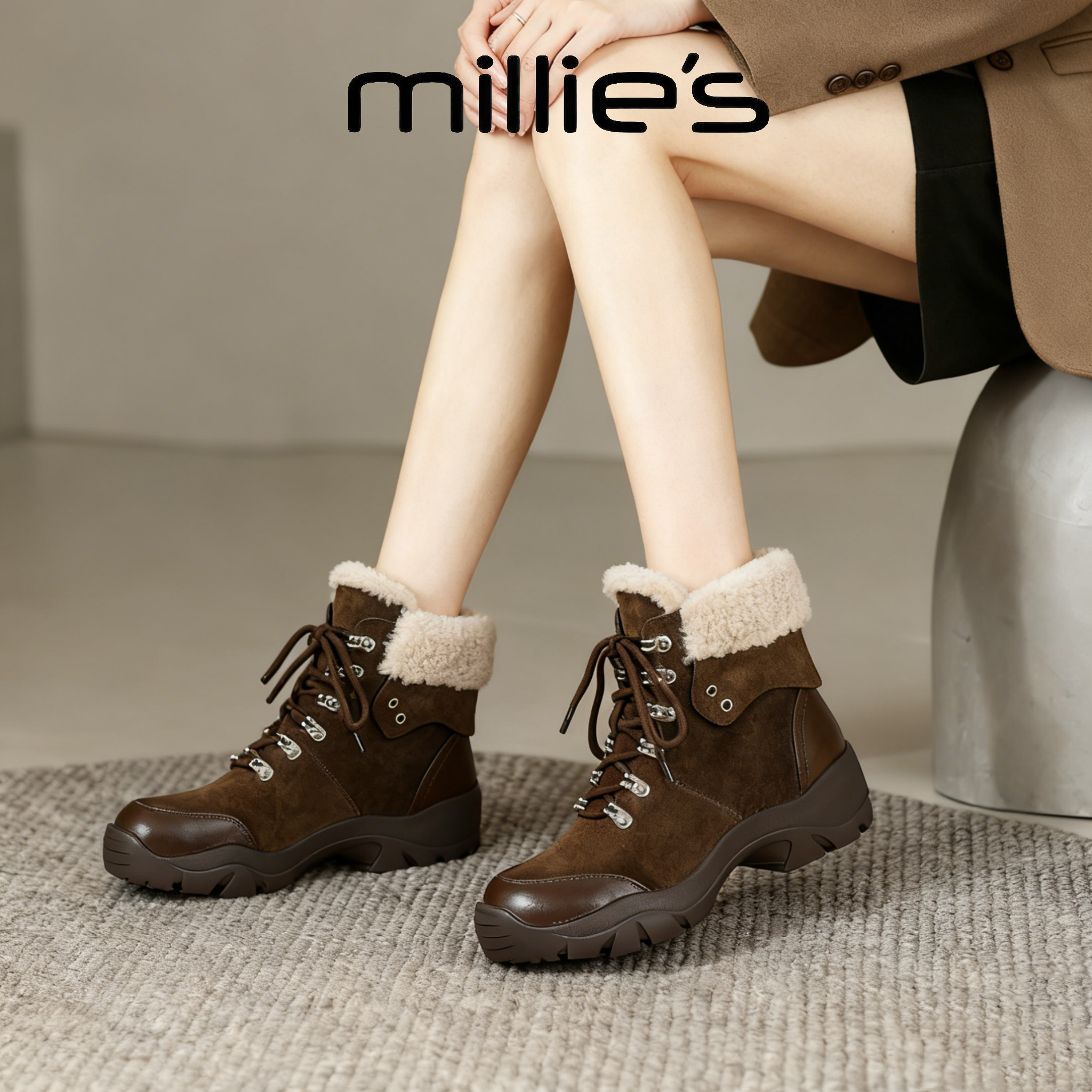 MILLIE'S/妙丽加绒雪地靴女2026新款系带户外靴保暖棉靴时尚厚底