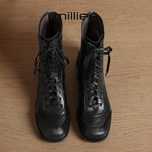 MILLIE'S/妙丽加绒保暖真皮系带短靴女新款马丁靴子不累脚瘦瘦靴