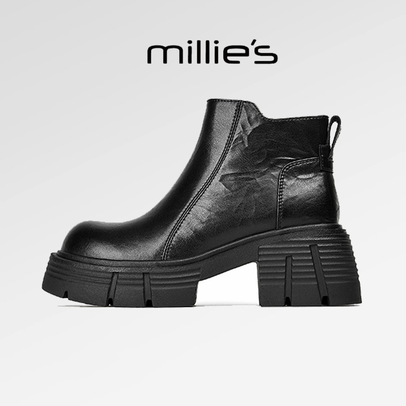 millies妙丽女靴厚底英伦风真皮爆款手抓纹拉链加绒切尔西靴冬季
