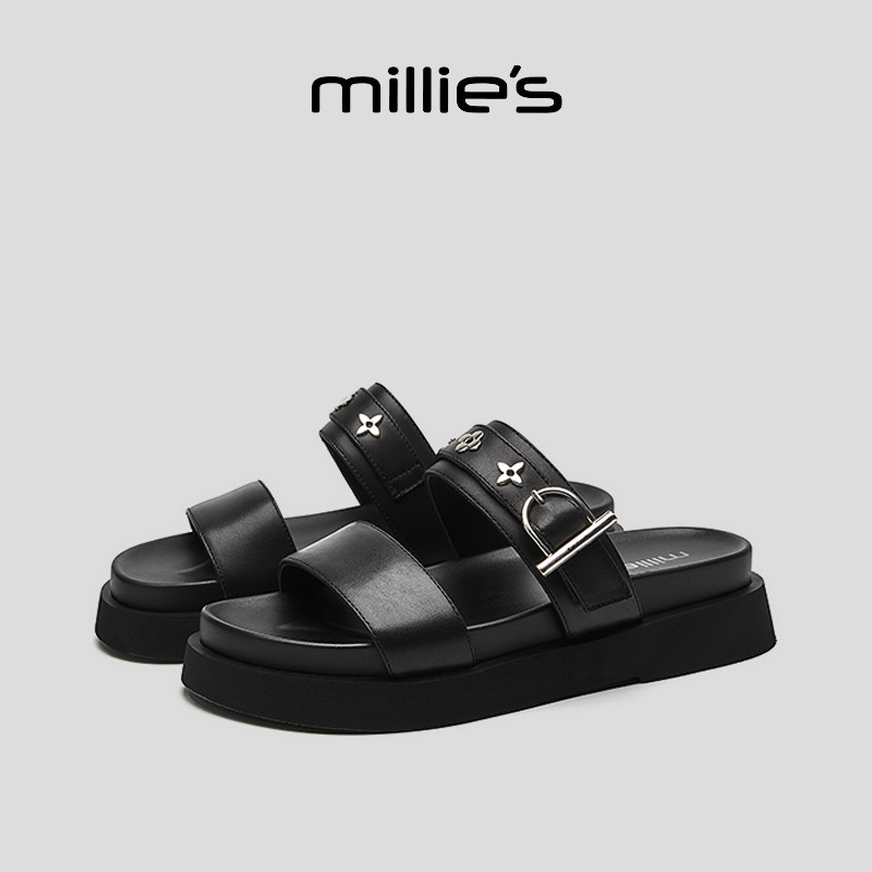 MILLIE'S/ 妙丽圆头厚底精致扣饰装饰亲肤透气凉爽时尚休闲拖鞋,女鞋,一字拖,淘宝优惠券,粉丝福利购,淘宝优惠卷