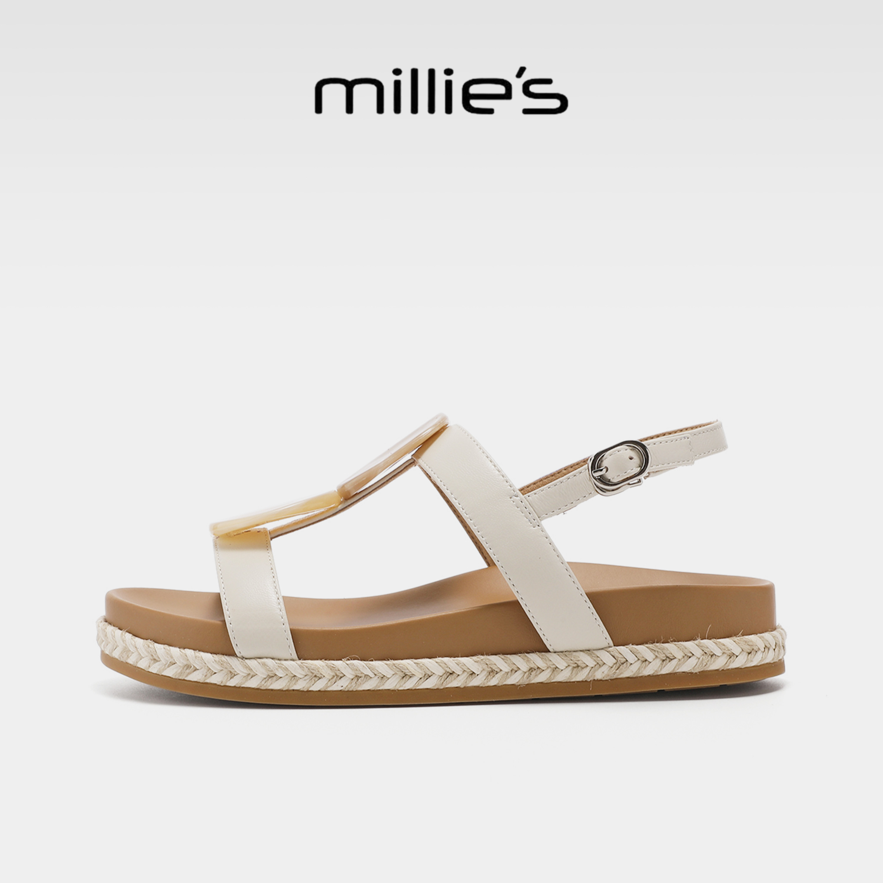 MILLIE'S/妙丽复古风编织带厚底凉鞋女夏搭扣一字带露趾休闲度假G