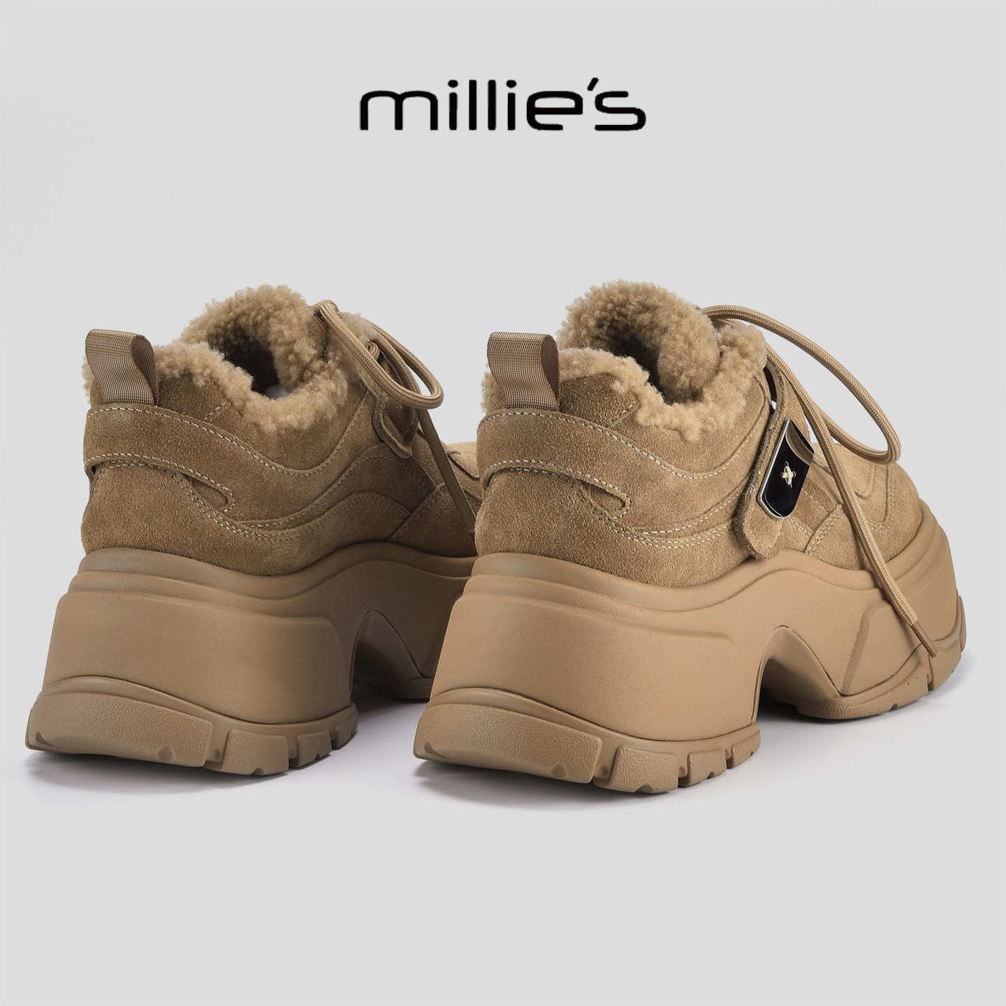 MILLIE'S/妙丽2025新款厚底系带勃肯鞋女冬季加绒保暖防滑休闲鞋,女鞋,德训鞋,淘宝优惠券,粉丝福利购,淘宝优惠卷