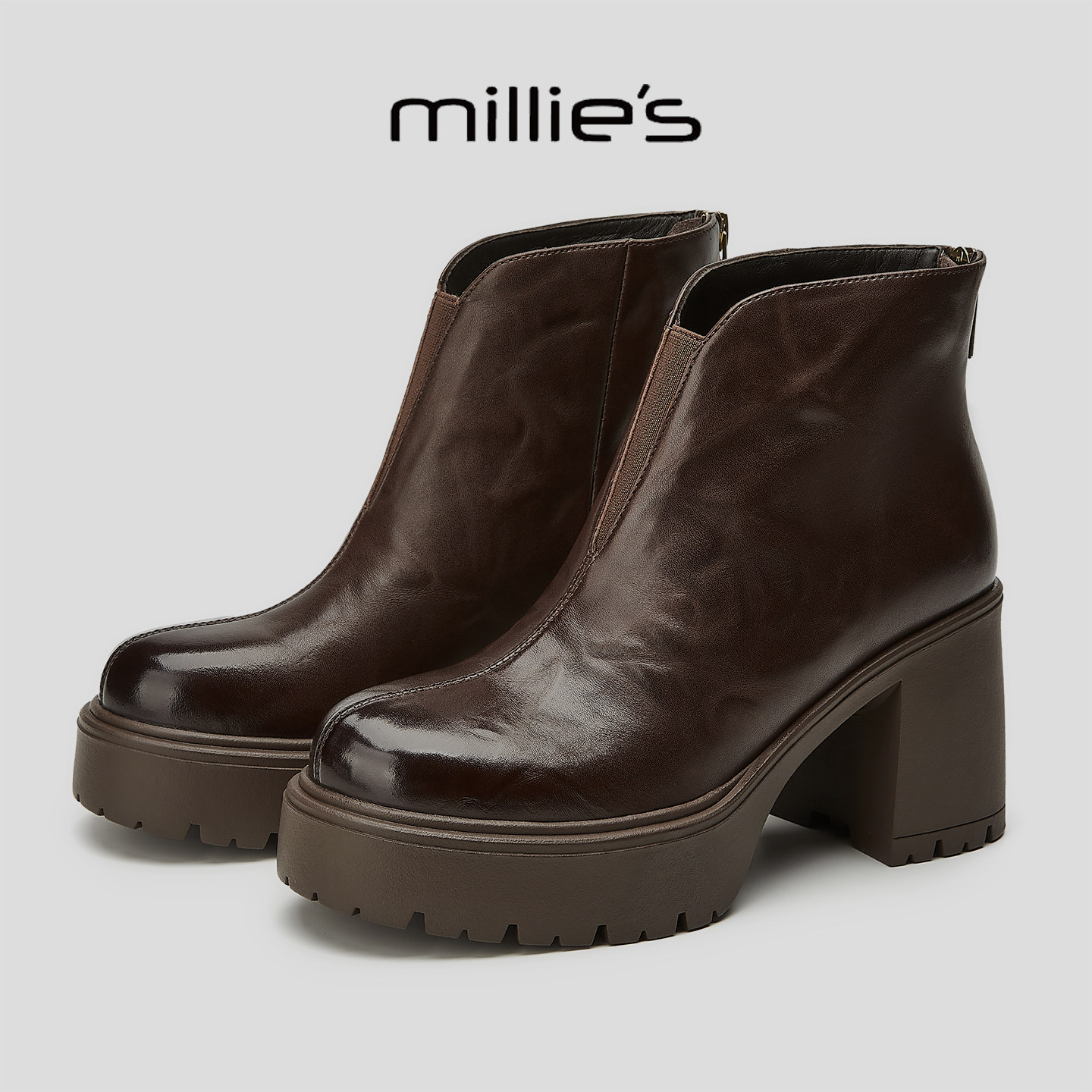 MILLIE'S/妙丽时尚百搭女士正版鞋厚底增高加绒复古休闲马丁靴