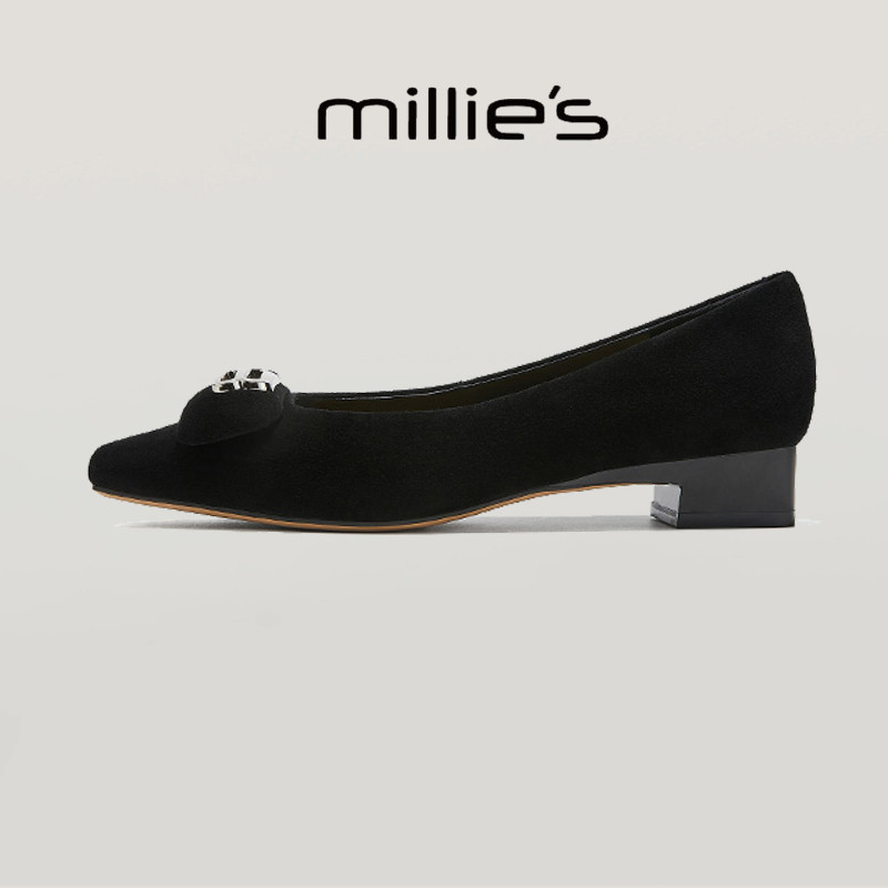 MILLIE'S/妙丽方头粗跟低帮鞋 套脚时尚女鞋简约百搭浅口单鞋春季