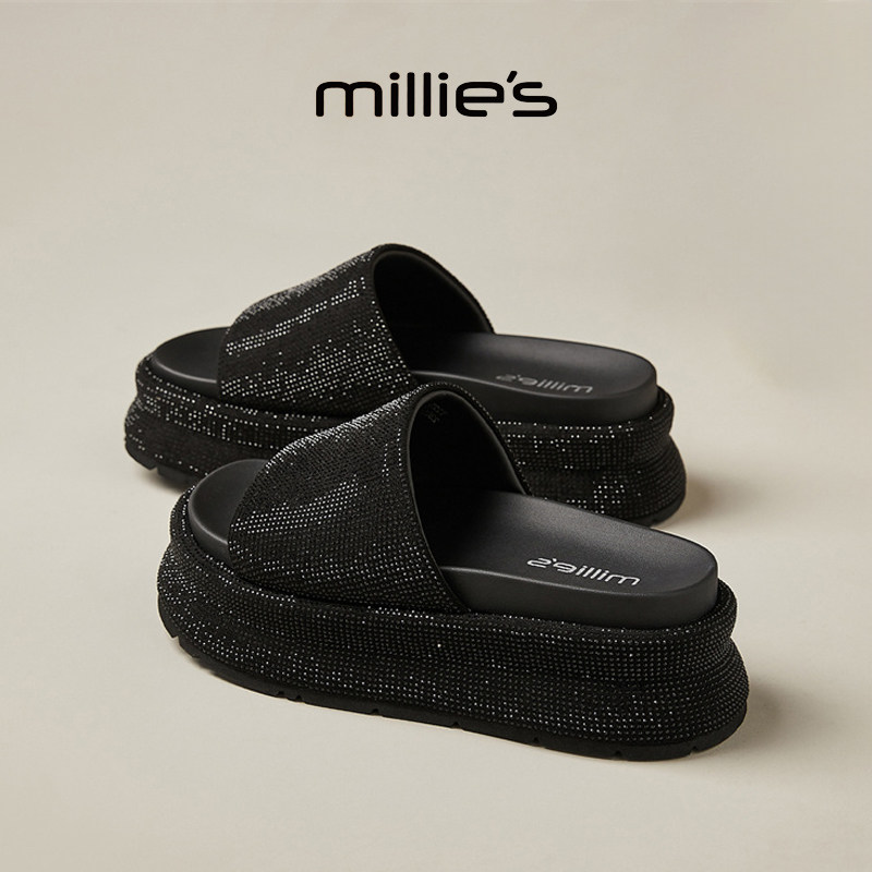 MILLIE'S/妙丽露趾厚底性感时髦亮钻镶嵌时尚简约百搭休闲拖鞋女,女鞋,一字拖,淘宝优惠券,粉丝福利购,淘宝优惠卷