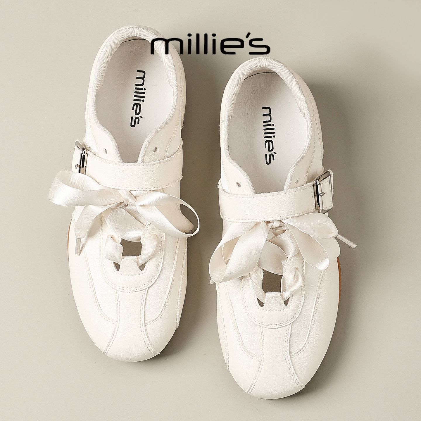 MILLIE'S/妙丽巨好看时尚白色搭扣玛丽珍鞋女系带芭蕾风休闲鞋