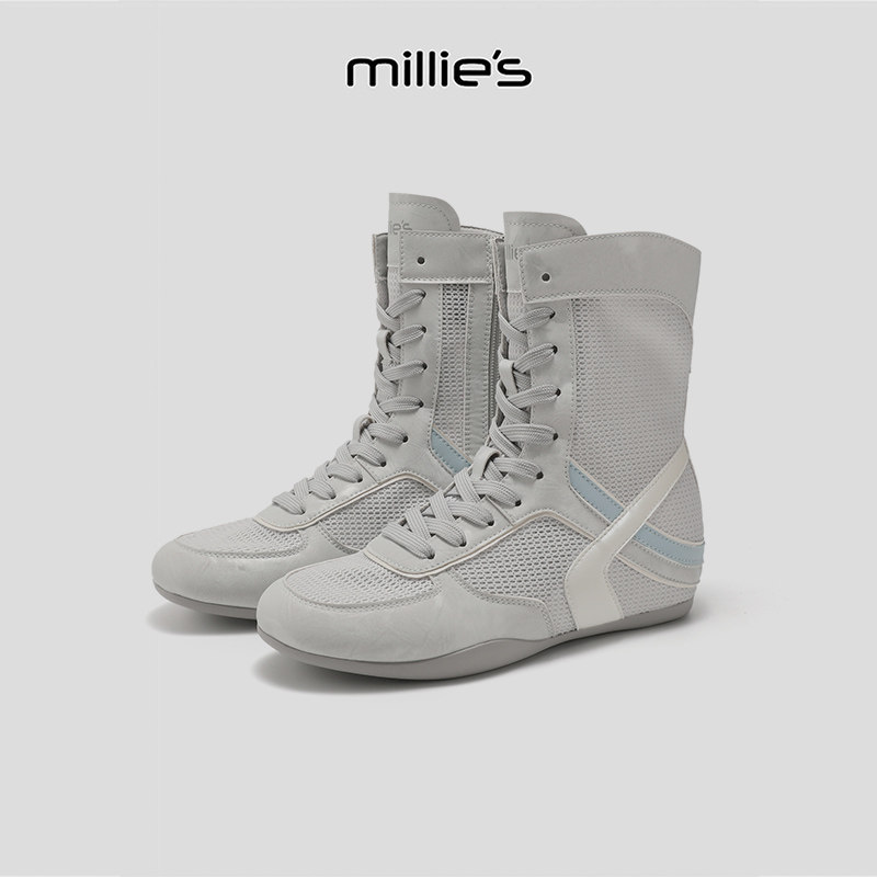 MILLIE'S/妙丽2026休闲运动风系带高帮女内增高透气轻便舒适短靴
