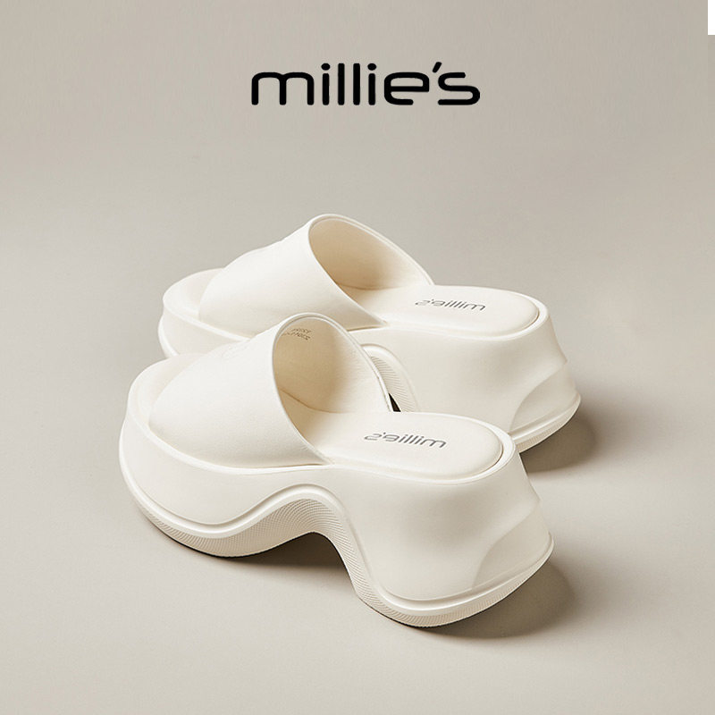 MILLIE'S/妙丽凉拖鞋厚底增高踩屎感松糕一字拖外穿露趾高跟鞋女