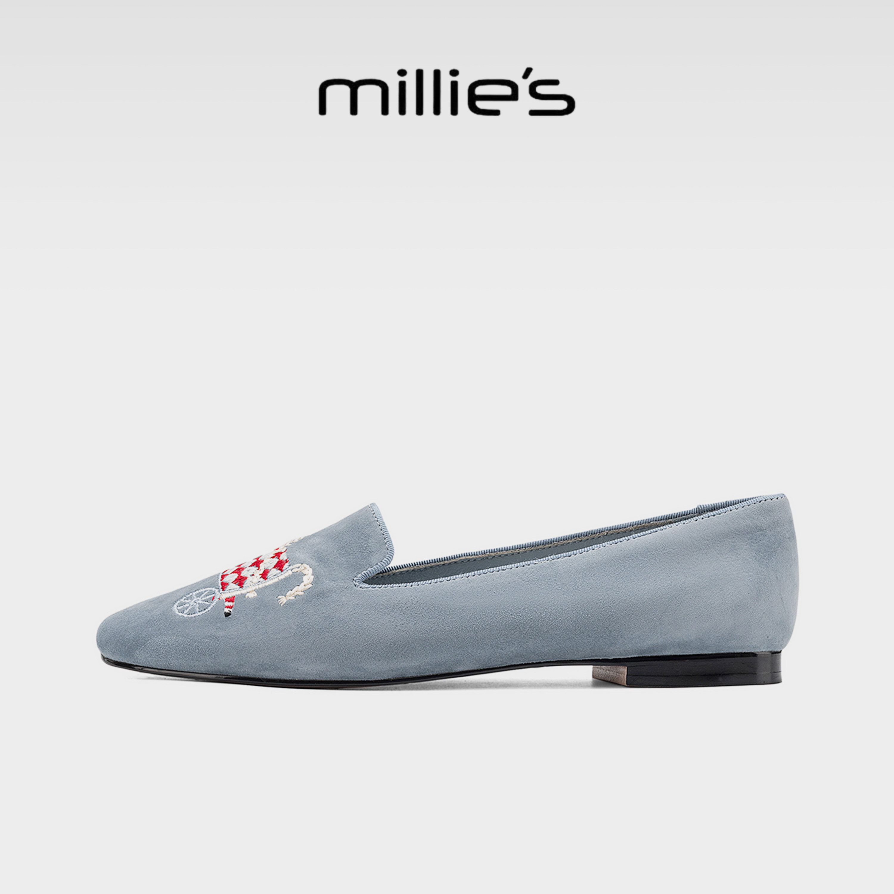 MILLIE'S/妙丽蓝色麂皮乐福鞋女平底2026新款一脚蹬套脚百搭单鞋G