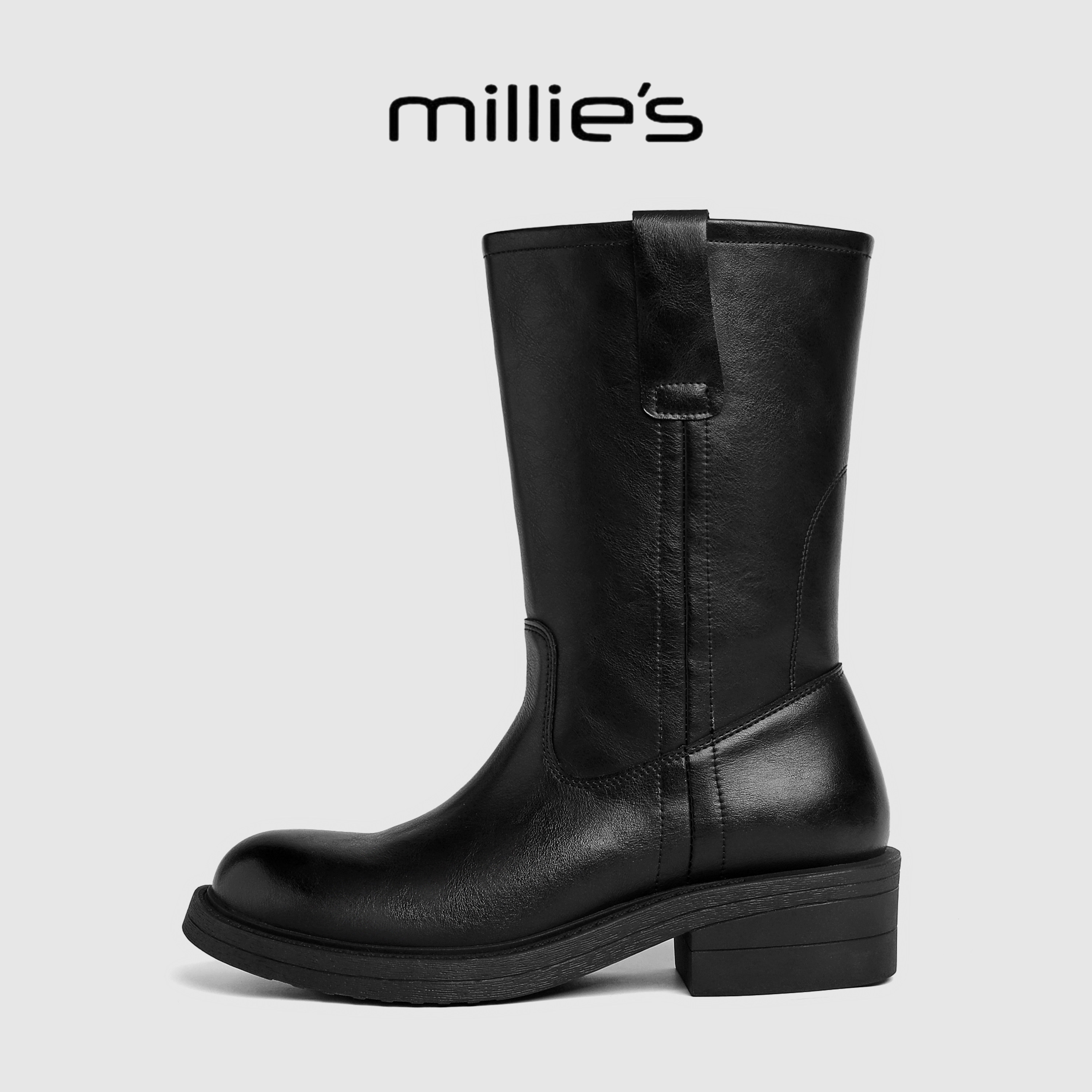 MILLIE'S/妙丽真皮圆头中筒靴女黑色粗跟套筒骑士靴秋季机车女靴