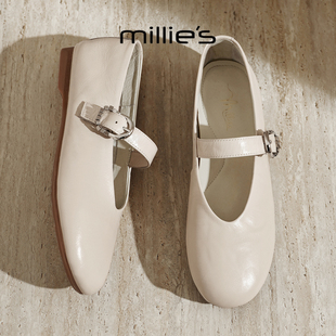 MILLIE'S/妙丽法式复古风玛丽珍鞋女一字扣带圆头平底婚鞋小皮鞋