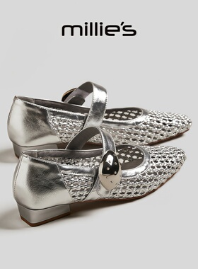 MILLIE'S/妙丽圆头低跟金属搭扣装饰复古网状精致优雅浅口单鞋