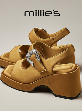 MILLIE'S/妙丽2026新款粗跟厚底水钻设计感时尚休闲一字扣带凉鞋