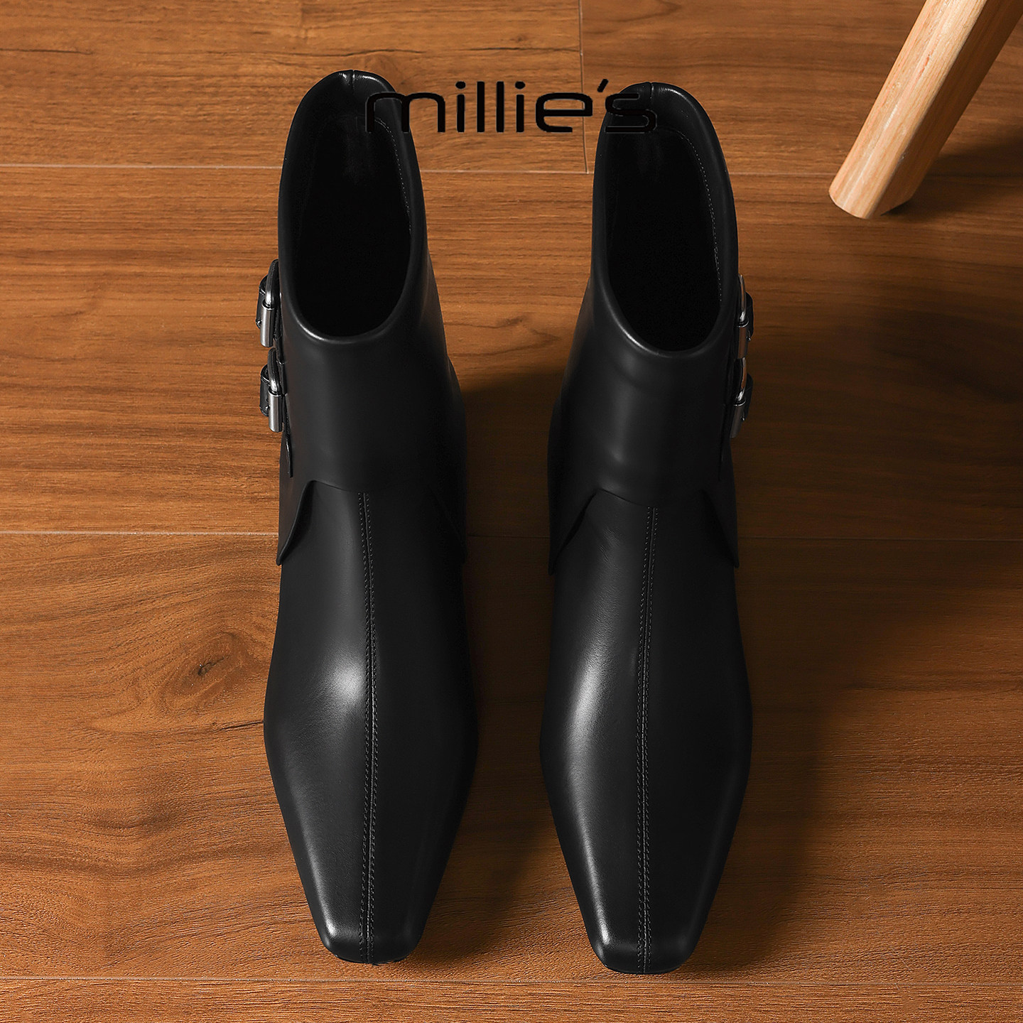 MILLIE'S/妙丽2026新款英伦风加绒保暖时装靴粗跟后拉链短筒皮靴