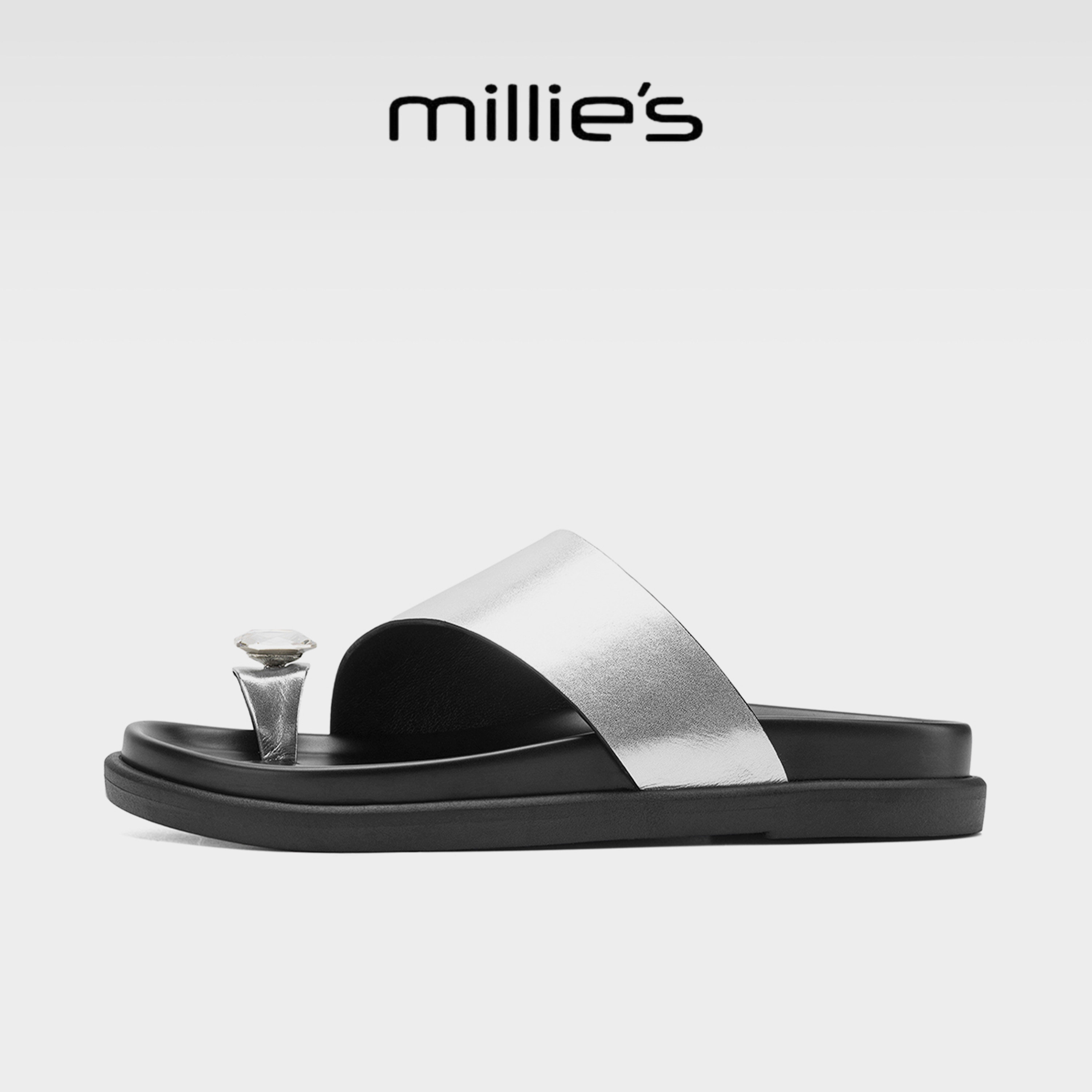 MILLIE'S/妙丽度假风银色T字人字拖女夏外穿不累脚防滑沙滩拖鞋