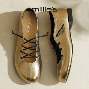 MILLIE'S/妙丽金色绑带芭蕾鞋女真皮浅口单鞋复古赫本风平底鞋