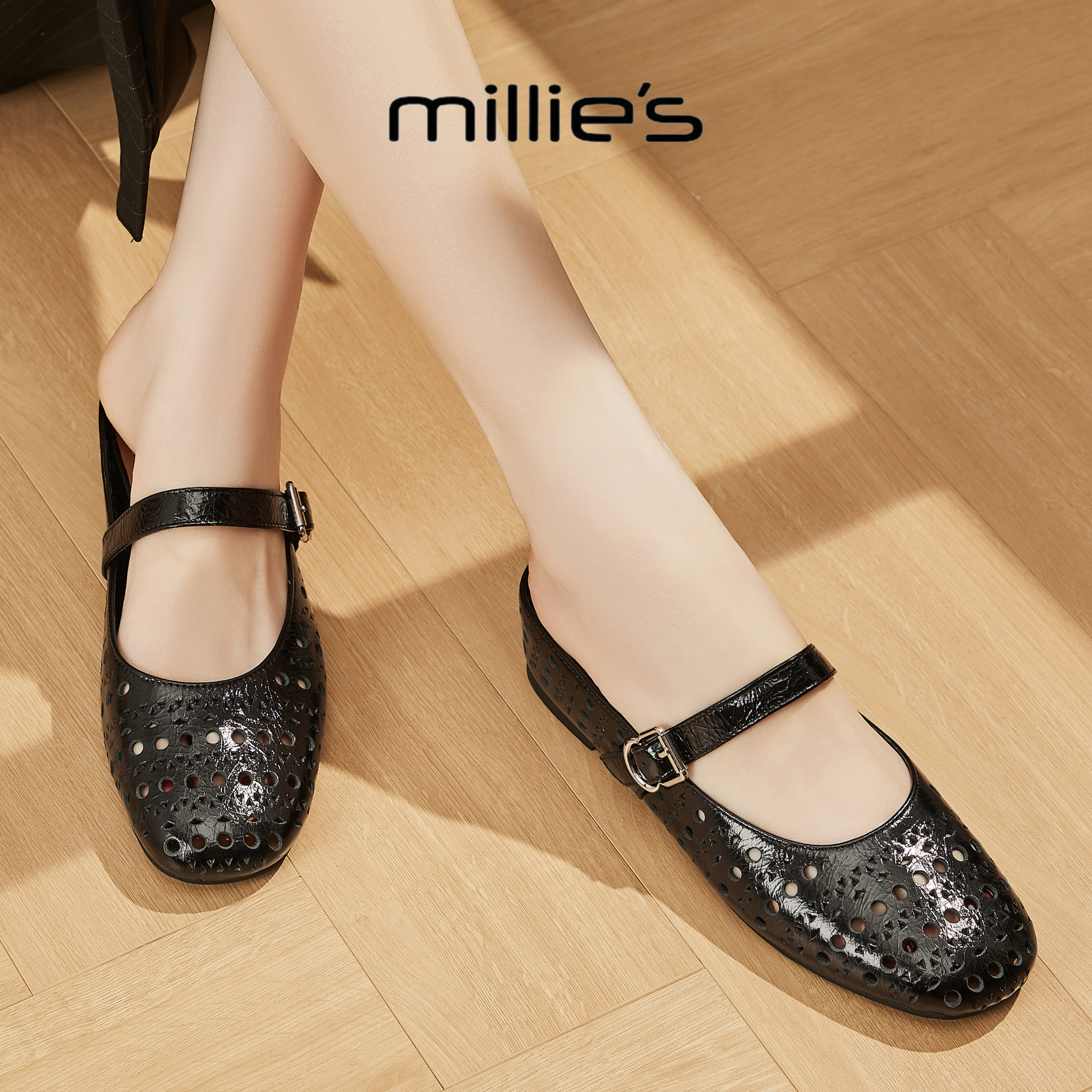 MILLIE'S/妙丽夏季镂空玛丽珍鞋女夏季平底一字带扣单鞋休闲凉鞋