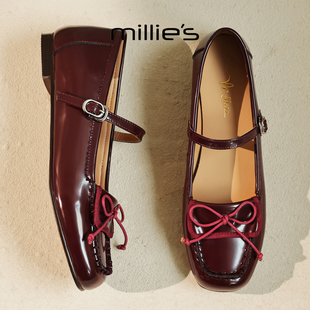 MILLIE'S妙丽法式复古玛丽珍鞋女酒红色蝴蝶结一字扣百搭气质婚鞋