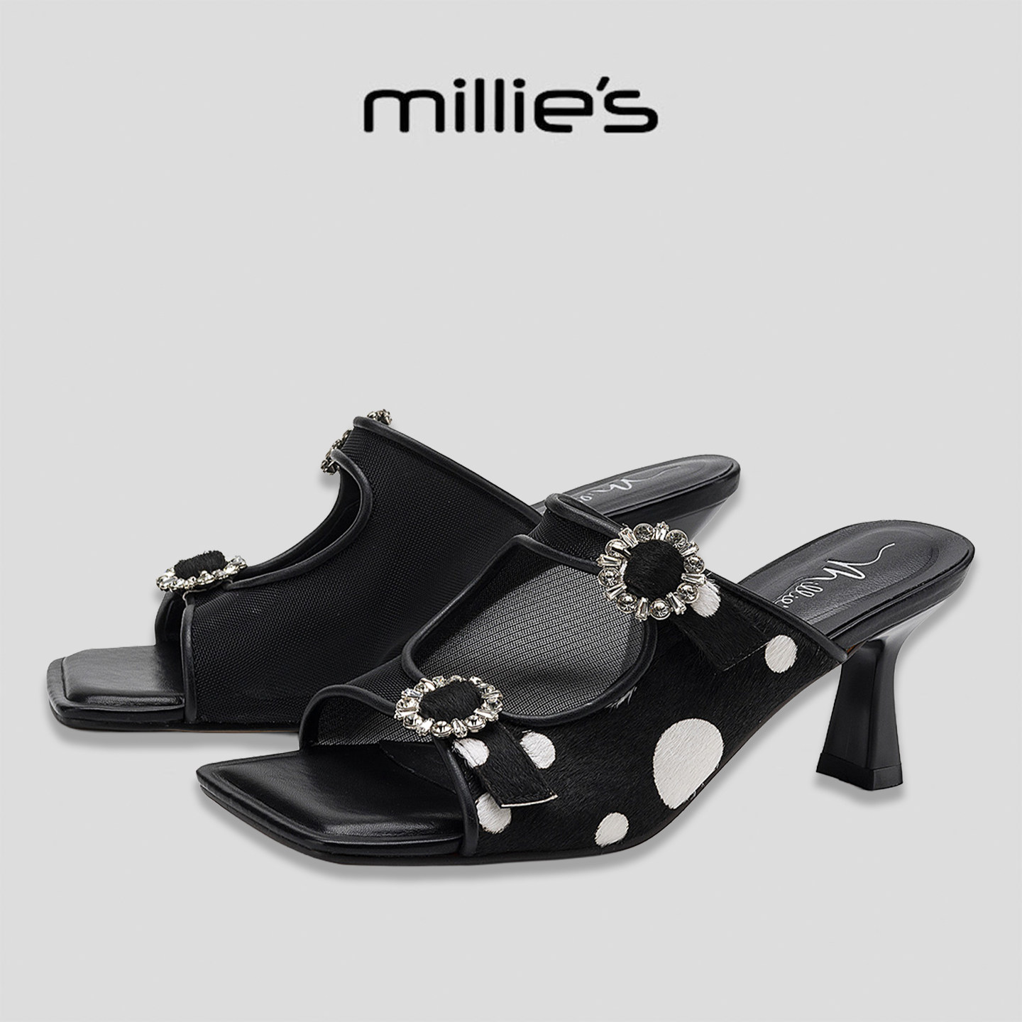MILLIE'S/妙丽水钻皮带扣一字拖女夏外穿高跟凉拖鞋露趾百搭时尚G
