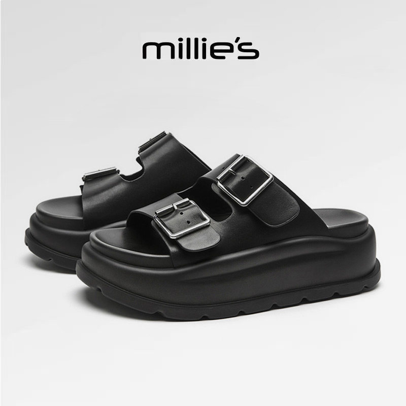 MILLIE'S/妙丽圆头厚底金属扣设计感时尚百搭休闲舒适日常凉鞋女