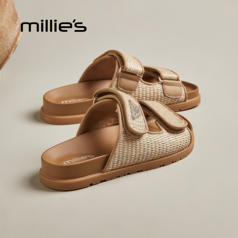 MILLIE'S/妙丽露趾平底一脚蹬美拉德风编织镂空设计时尚休闲拖鞋,女鞋,一字拖,淘宝优惠券,粉丝福利购,淘宝优惠卷