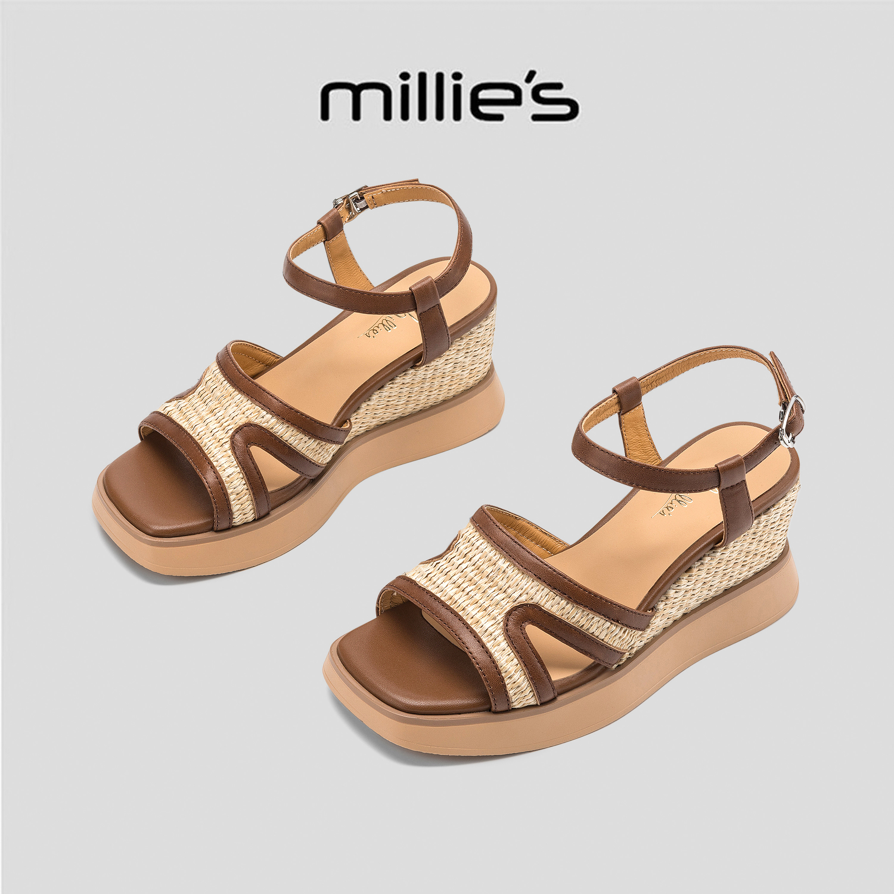 MILLIE'S/妙丽2026夏季一字带坡跟凉鞋女款编织厚底松糕鞋复古风