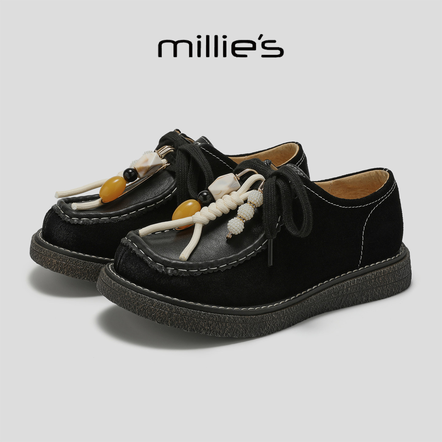 MILLIE'S/妙丽2025新款复古方头串珠系带袋鼠休闲板鞋乐福鞋皮鞋,女鞋,勃肯鞋/软木鞋,淘宝优惠券,粉丝福利购,淘宝优惠卷