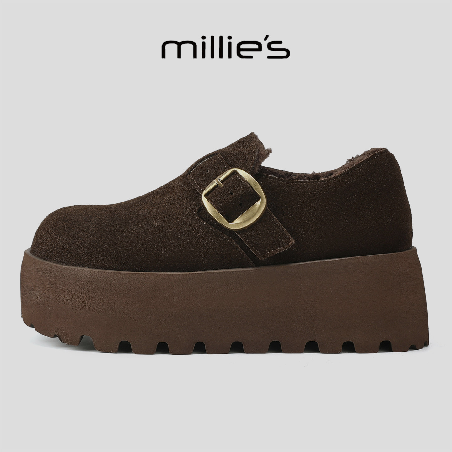 MILLIE'S/妙丽加绒厚底勃肯鞋女皮带扣松糕鞋百搭一脚蹬绒面板鞋,女鞋,勃肯鞋/软木鞋,淘宝优惠券,粉丝福利购,淘宝优惠卷