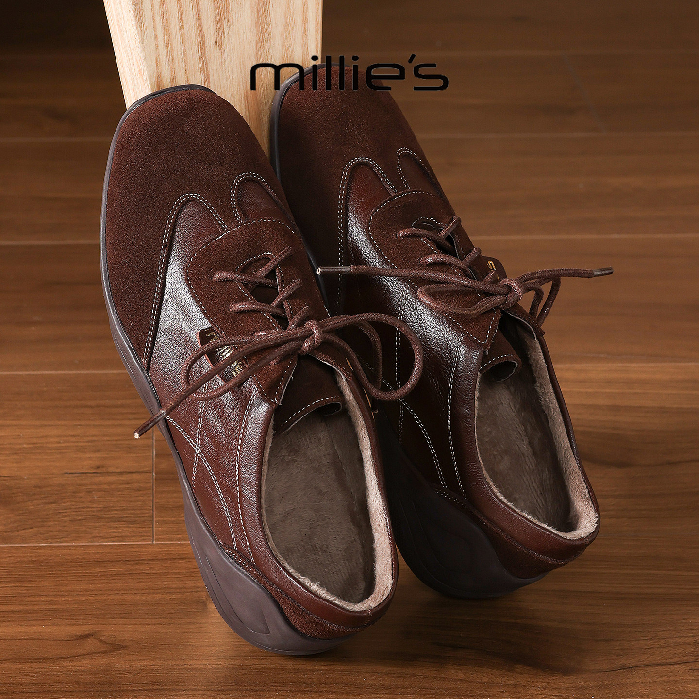 MILLIE'S/妙丽2026春季新款潮流系带复古风软底鞋加绒保暖舒适女