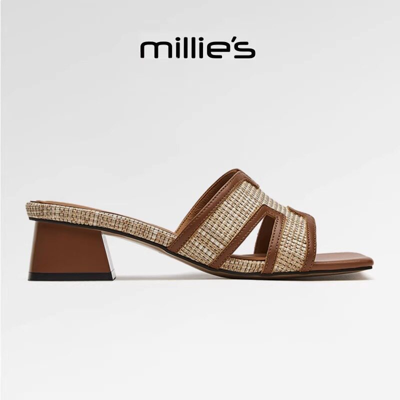 MILLIE'S/妙丽方头粗跟时尚百搭舒适透气不累脚外穿休闲罗马凉鞋